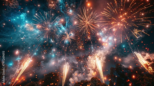 Skyward Celebration: Fireworks and Crowds under the Night Sky © Dawna