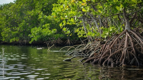 A coastal mangrove with tangled roots and a rich ecosystem 