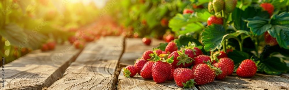 Fresh strawberries on a wooden table in a field
