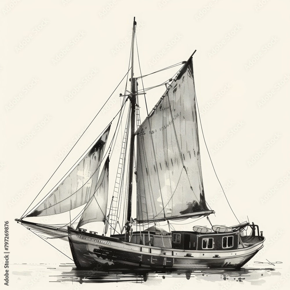 Obraz premium illustration loose black and white schooner fishing boat
