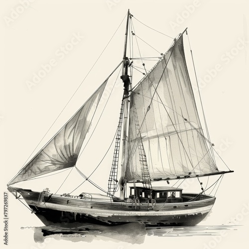 illustration loose black and white schooner fishing boat