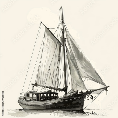 illustration loose black and white schooner fishing boat