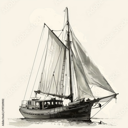 Wallpaper Mural illustration loose black and white schooner fishing boat Torontodigital.ca