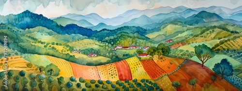 water color, long shot, colorful, Mexican coffee farm photo
