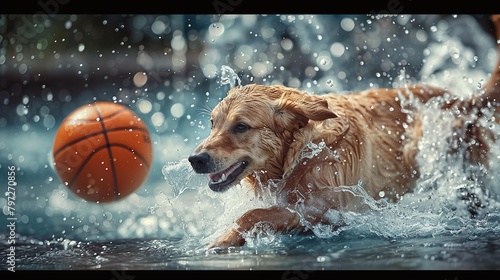 A dog is playing basketball in water wallpaper
