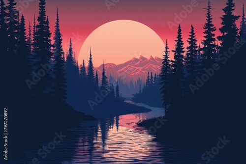 Pine forest and river landscape sunset outdoors. photo