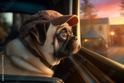 A cute pug wearing a brown cap is sitting in a car, looking out the window longingly. © tohceenilas