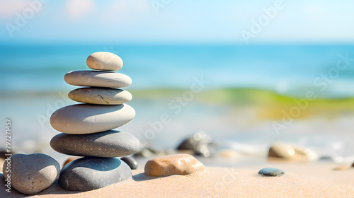 A balanced stone tower on the beach