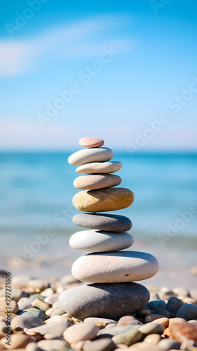 A balanced stone tower on the beach