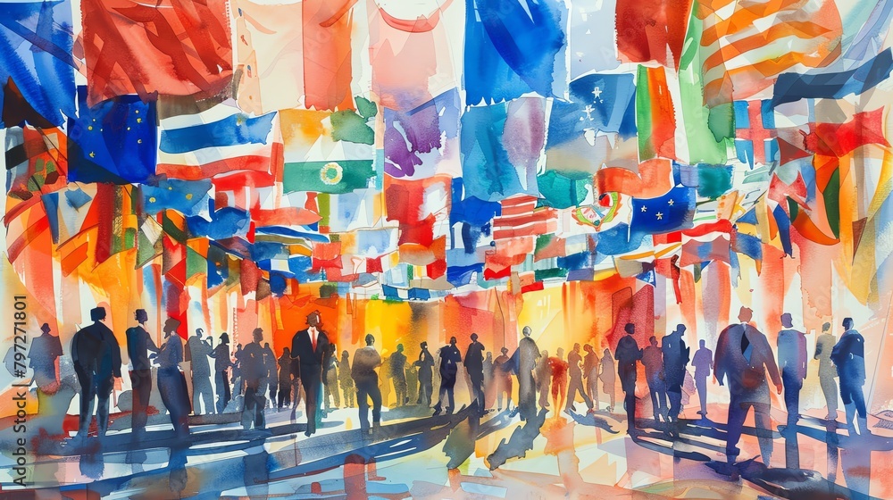 Bring to life an international conference setting with delegates from around the world engaging in discussions under a canopy of flags, symbolizing unity and collaboration, using traditional watercolo