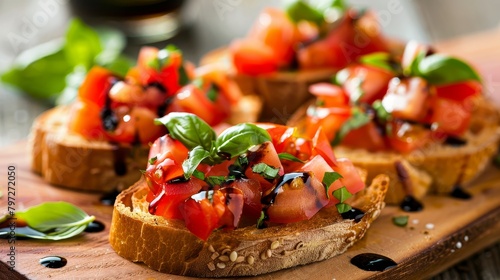 Close-up of bruschetta on toasted bread with fresh diced tomatoes, garlic, and basil, drizzled with olive oil and balsamic, isolated background, studio lighting