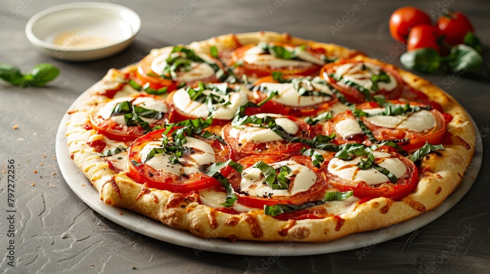Classic Caprese pizza with a modern twist, high-quality ingredients, shot in a professional studio setting