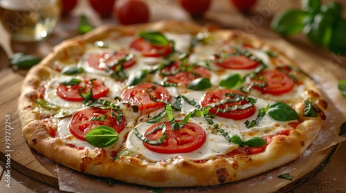 Classic Caprese pizza with a modern twist, high-quality ingredients, shot in a professional studio setting