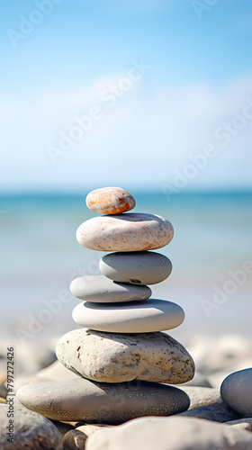 A balanced stone tower on the beach