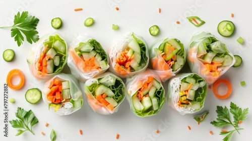 Bright and fresh vegetable spring rolls, top view, showcasing the variety of colors from carrots and cucumbers, isolated with professional lighting
