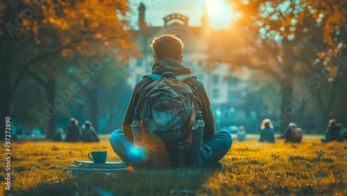 Campus Buzz- Create an image where backpacks form a circle on the grass. In the center, a laptop balances on a stack of textbooks. Students sit cross-legged, sipping coffee