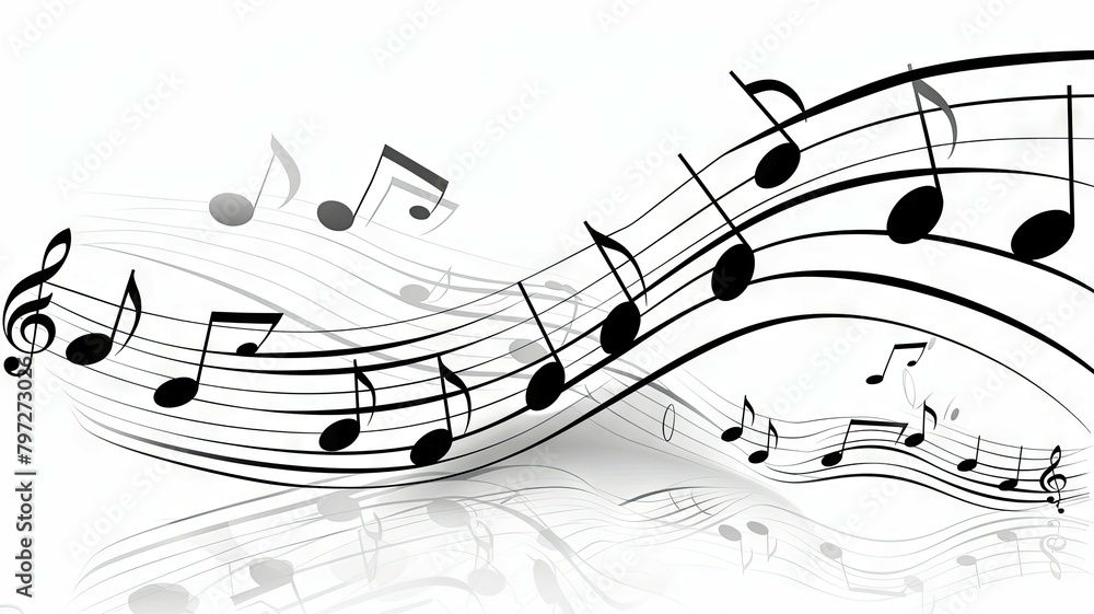Flowing musical notes on a reflective surface - An artistic representation of music, with a flowing musical staff and notes on a reflective surface, evoking rhythm and melody Flowing musical notes on a reflective surface - An artistic representation of music, with a flowing musical staff and notes on a reflective surface, evoking rhythm and melody