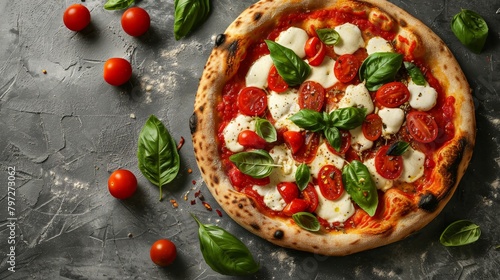 Bright and appealing top view image of a classic Caprese pizza with fresh ingredients, ideal for a culinary showcase, studio-lit on a neutral background