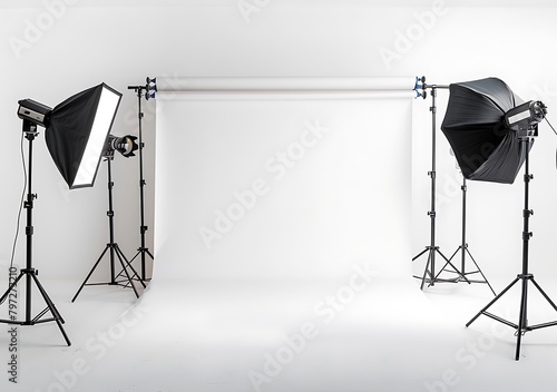 Photo studio with a white background and lighting equipment