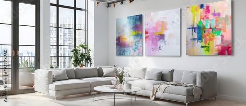 Real photo of abstract paintings hanging on white wall above a gray sofa in a living room interior with big windows