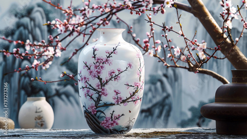 A delicate porcelain vase adorned with hand-painted cherry blossoms, embodying timeless beauty.