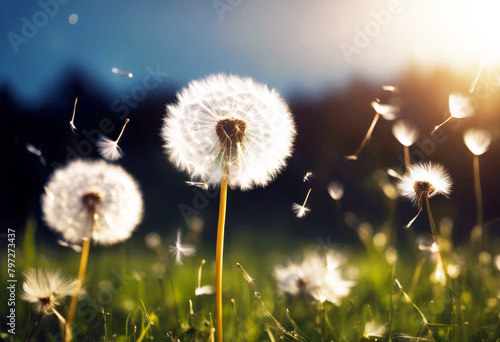 'rection movement growth change meaning image conceptual background field summer wind blowing seeds Dandelion blowball offspring seed direction sunset business light scene progress copy space' photo