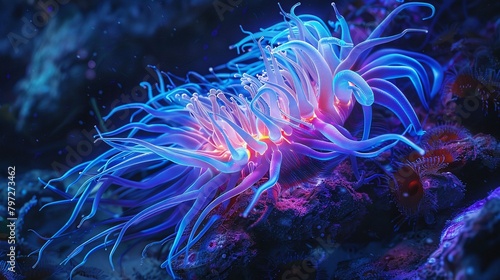 Dive into the mesmerizing depths of the bioluminescent ocean, where vibrant sea anemone tentacles electrify the water in a captivating display of wild nature's power wallpaper. photo