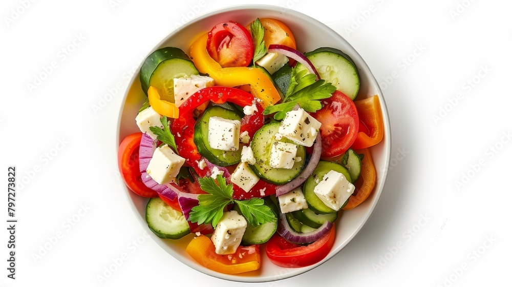 Artistic top view image of a colorful Greek Salad, featuring the freshness of tomatoes, cucumbers, bell peppers, and feta cheese on an isolated white background, studio lighting setting Artistic top view image of a colorful Greek Salad, featuring the freshness of tomatoes, cucumbers, bell peppers, and feta cheese on an isolated white background, studio lighting setting