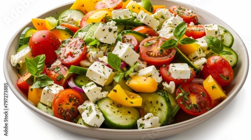 Artistic top view image of a colorful Greek Salad, featuring the freshness of tomatoes, cucumbers, bell peppers, and feta cheese on an isolated white background, studio lighting setting