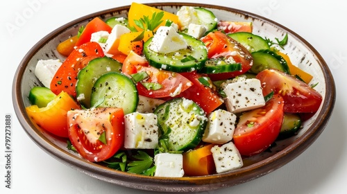 Artistic top view image of a colorful Greek Salad, featuring the freshness of tomatoes, cucumbers, bell peppers, and feta cheese on an isolated white background, studio lighting setting
