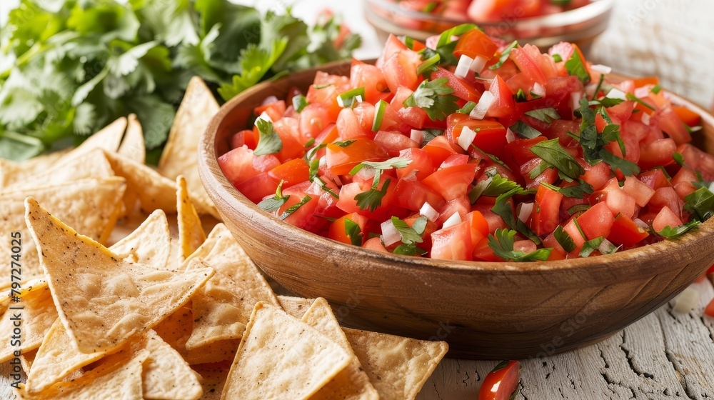 Artistic studio photograph of Pico de Gallo, focusing on the fresh, juicy diced tomatoes and aromatic cilantro, served with tortilla chips, on an isolated background