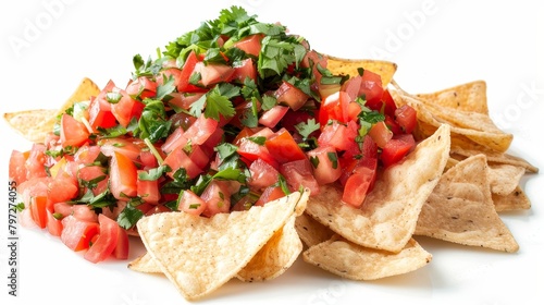 Artistic studio photograph of Pico de Gallo, focusing on the fresh, juicy diced tomatoes and aromatic cilantro, served with tortilla chips, on an isolated background