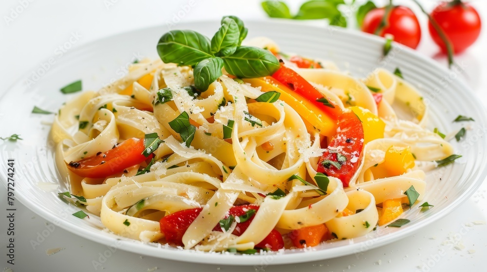 Artistic close-up of Pasta Primavera with fresh vegetables and a hint of cream sauce, on an isolated white background, enhanced with studio lighting