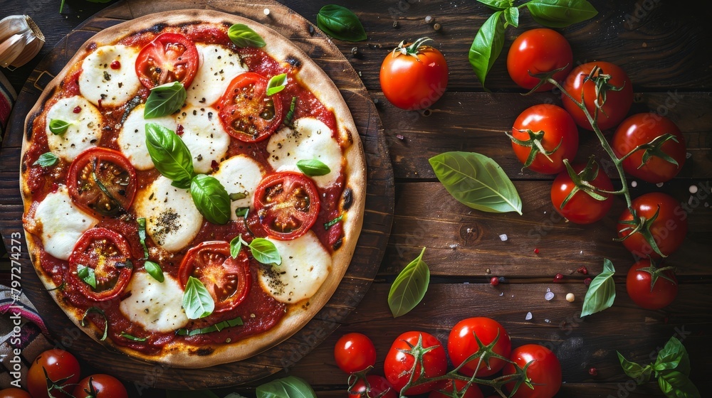 Artistic close-up of Caprese pizza, vibrant tomatoes, mozzarella, fresh basil on dark rustic wood, spotlight effect