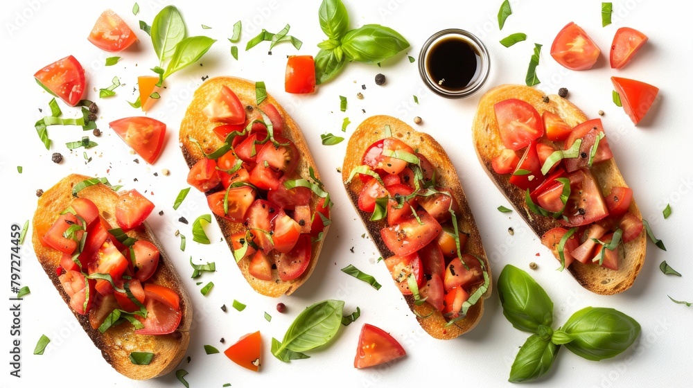 Aerial view of bruschetta with fresh diced tomatoes, garlic, and basil on toasted bread, highlighted with olive oil and balsamic, set against an isolated background in raw style Aerial view of bruschetta with fresh diced tomatoes, garlic, and basil on toasted bread, highlighted with olive oil and balsamic, set against an isolated background in raw style
