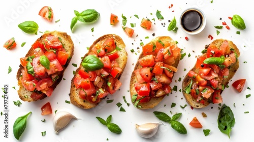 Aerial view of bruschetta with fresh diced tomatoes, garlic, and basil on toasted bread, highlighted with olive oil and balsamic, set against an isolated background in raw style