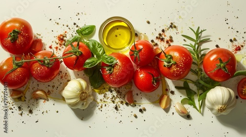 Artistic arrangement of gazpacho ingredients, featuring tomatoes, garlic, and olive oil, top-lit in studio, ideal for culinary magazines