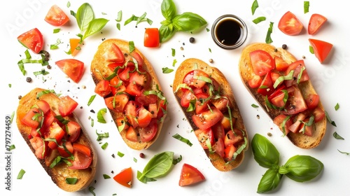Aerial view of bruschetta with fresh diced tomatoes, garlic, and basil on toasted bread, highlighted with olive oil and balsamic, set against an isolated background in raw style