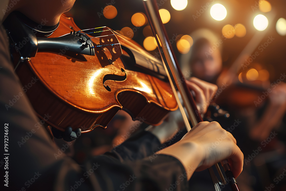 Fototapeta premium Close-up of a musician's hands expertly playing the violin during an orchestral performance. Generative AI