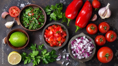Aerial shot of classic Pico de Gallo ingredients, each element meticulously placed for a clean visual, under controlled studio lighting for vivid detail