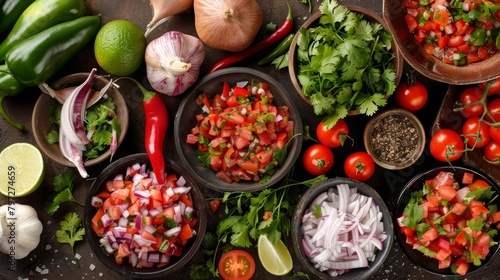 Aerial shot of classic Pico de Gallo ingredients, each element meticulously placed for a clean visual, under controlled studio lighting for vivid detail