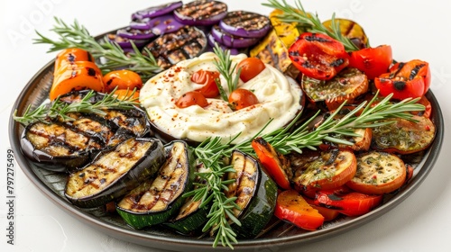 Gourmet grilled vegetable platter, including eggplant, zucchini, and bell peppers with a creamy aioli, elegantly presented on an isolated background