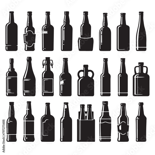 Black silhouette set of various bottles, vector illustration