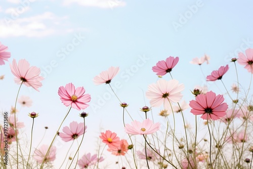Cosmos flowers border background sky backgrounds outdoors. © Rawpixel.com