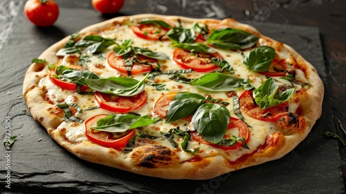 Gourmet Caprese pizza, thin crust, fresh ingredients, evenly lit on a sleek black surface for contrast