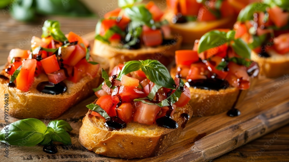 Gourmet bruschetta close-up with fresh chopped tomatoes, garlic, basil leaves, and balsamic glaze on toasted bread, isolated, studio lighting