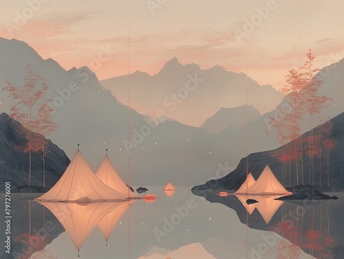 A group of teepees on a lake at sunset with mountains in the background.