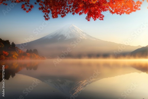 Fuji Mountain autumn reflection landscape.