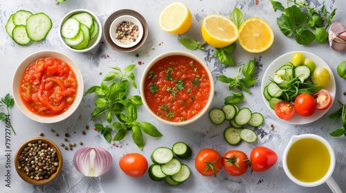 Gazpacho soup preparation scene with fresh ingredients laid out, focusing on the organic quality under studio lights, isolated background