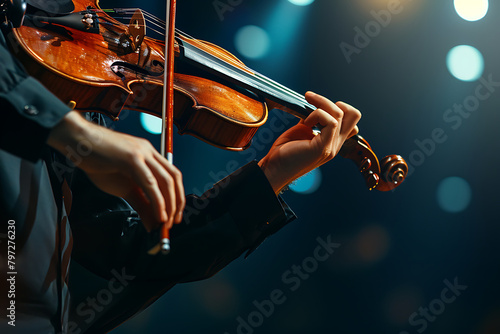 Close-up of a musician's hands expertly playing the violin during an orchestral performance. Generative AI photo
